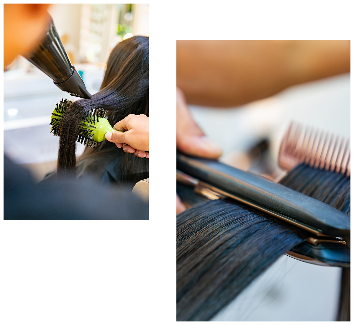 Close-up of straightening and blow-drying hair