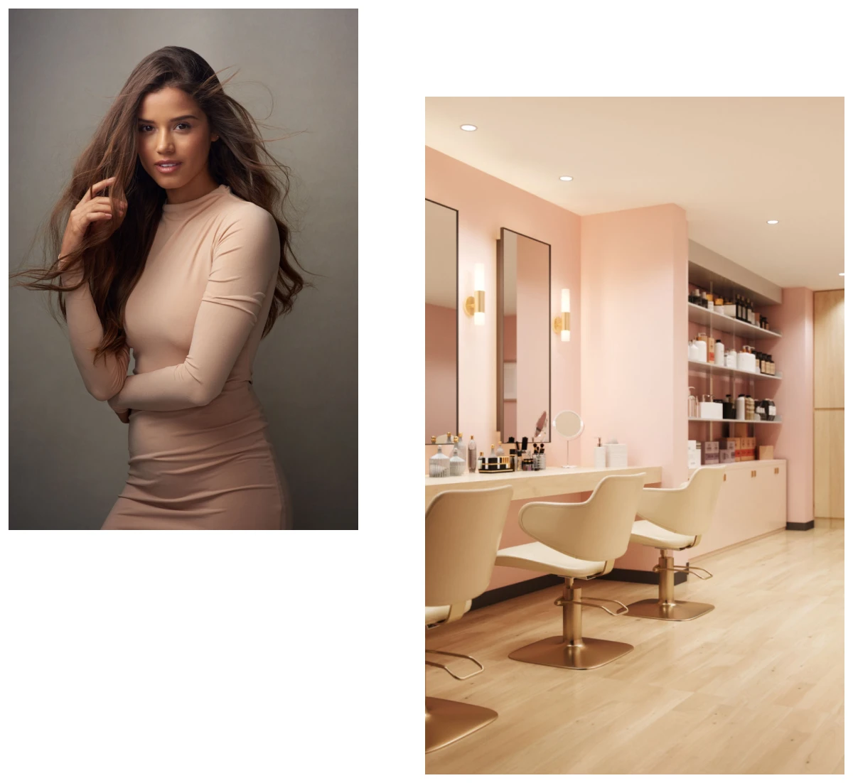 Woman in beige dress posing confidently